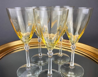 Vintage Fostoria Crystal Topaz Wine Glasses. Light Yellow Stem 5098 Glasses. Set of Five. Fine Table Glassware. Gold Table Decor.
