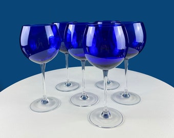 Cobalt Blue Crystal Wine Goblets with Clear Stems. Stunning Smooth Minimal Glasses with Tall Stems. Set of 6 Stemware. Dining Room Decor.