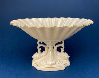 Lenox Pedestal Compote with Pair of Dolphins. Cream Colored Porcelain, Footed Fruit Stand or Serving Dish. Aquarius Table Centerpiece.