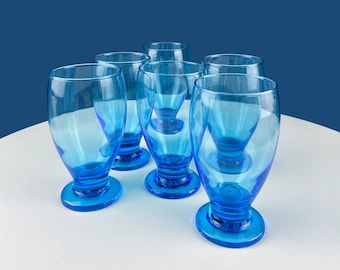 Modern Topaz Stemmed Tumblers. Set of Six Footed Juice Glasses. Blue Kitchen Decor. Dining Room Decor. Collectible Glasses. Wedding Gift.