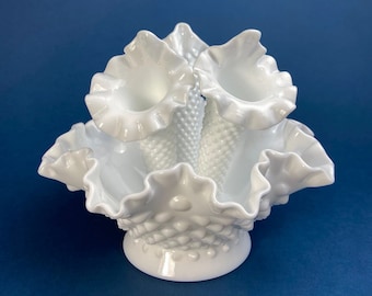 Milk Glass Three Horn Epergne Flower Vase. Fenton, Hobnail Vase & Bowl Combined. Table Centerpiece with Ruffled Rim.
