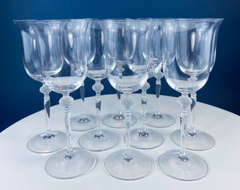 Clear Crystal Wine or Water Goblets with Frosted Leaf Ball on the Stems. Stunning Sasaki Isabelle 9" Glassware. Long Ping. Set Of 10.