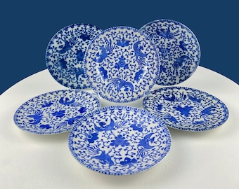 Collection of 5 Asian Blue White Tableware. 5 Salad or Dessert 6" Plates with Phoenix Motif. Dining Room Decor. Ecclectic Home.