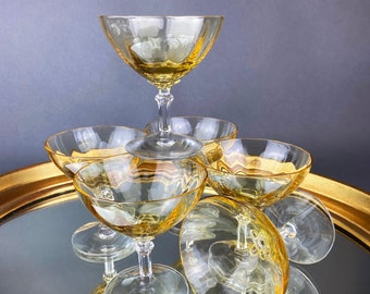 Vintage Fostoria Crystal Topaz Champagne Glasses. Light Yellow Depression Glass Low Sherbet Stemware. Gold Footed Glasses.  Set of Six.
