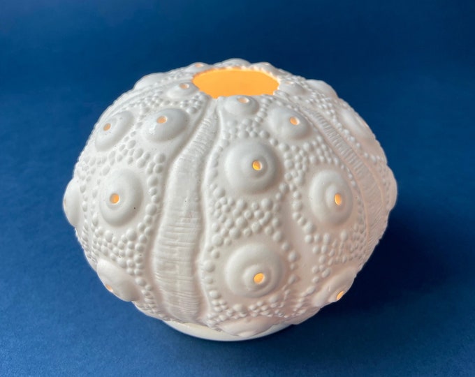White, Porcelain Seaurchin Candle Holder. Nautical Themed Tea Light