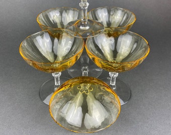 Vintage Fostoria Crystal Topaz Champagne Glasses. Light Yellow Depression Glass Low Sherbet Stemware. Gold Footed Glasses.  Set of Five.