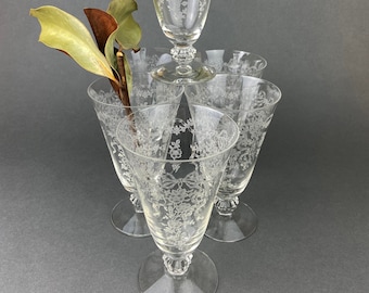Fostoria "Romance"  Water or Ice Tea Crystal Goblets. Etched  Glasses. Set of 5 Vintage Stemware.