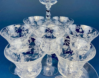 Chantilly by Cambridge Vintage Etched Crystal Glasses. Fruit or Oyster Cocktail Stemware. Set of 5. Dining Room Decor. Home Decor.