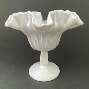 Milk Glass Candy Dish with Ruffled Edge.  Vintage, White Trinket Dish.  Footed Bowl with Floral Motif.