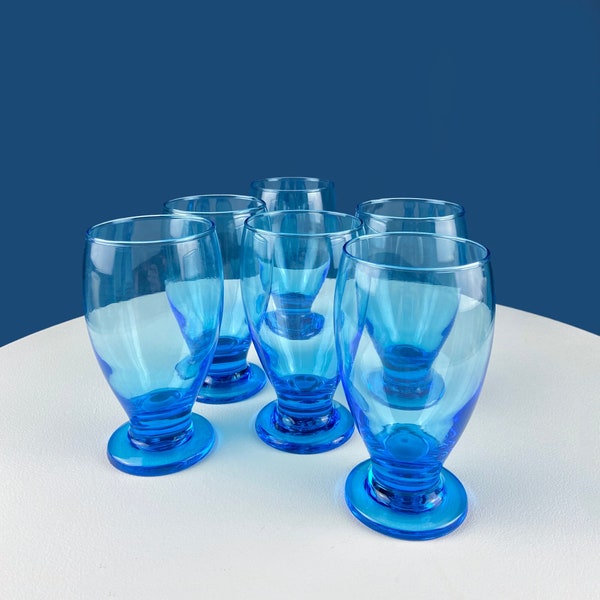 Modern Topaz Stemmed Tumblers. Set of Six Footed Juice Glasses. Blue Kitchen Decor. Dining Room Decor. Collectible Glasses. Wedding Gift.