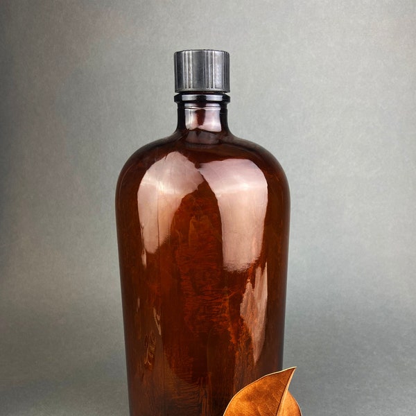 Vintage, Extra Large Apothecary Bottle. Amber, Duraglas Pharmaceutical Bottle made by Owens in Alton. Amber Glass Collection. Pharmacy Decor