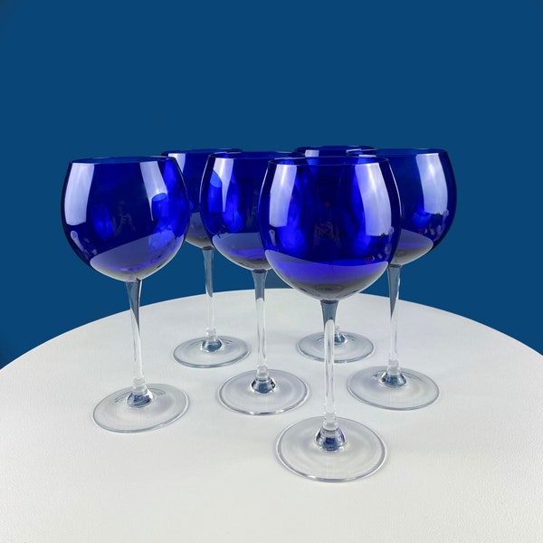 Cobalt Blue Crystal Wine Goblets with Clear Stems. Stunning Smooth Minimal Glasses with Tall Stems. Set of 6 Stemware. Dining Room Decor.