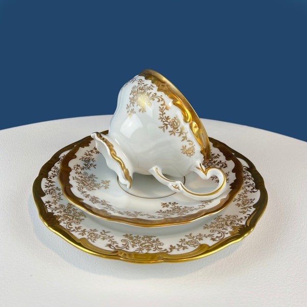 Stunning Antique White and Gold Tea Set Trio. Weimar Porcelain, Katharina Pattern. Hand Painted Floral Gold Trim. Dining Room Decor.