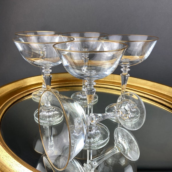 Vintage Crystal Tall Sherbets with Gold Rim. Set of Six Champagne Glasses. Collectible Glassware by Mikasa or Lenox. Minimal with Gold Band.