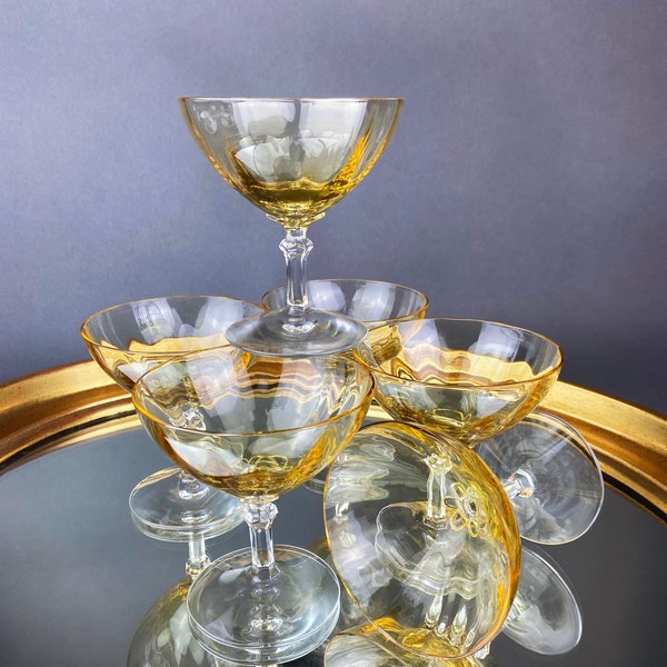 Vintage Fostoria Crystal Topaz Champagne Glasses. Light Yellow Depression Glass Low Sherbet Stemware. Gold Footed Glasses.  Set of Six.