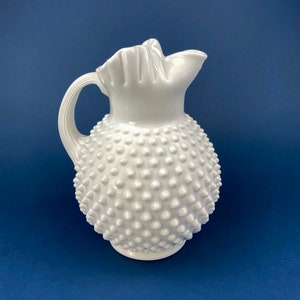 Milk Glass Pitcher with Hobnail Pattern and Ruffled Rim. Large Jug with Pinched Top and Fluted Handle. Milk, Juice, or Water Jug.