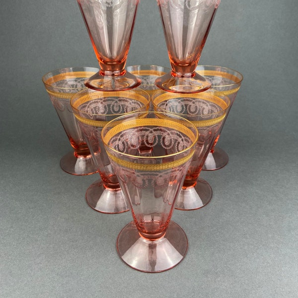 Antique Pink Crystal Water/Juice Goblets. Morgana Pink by Morgantown. Set of Eight, 8oz Footed Tumblers. Replacements.