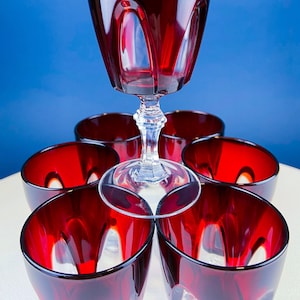 Vintage Red to Clear Sweet Wine/Cordial Glasses. Cristal D&#39;arques Durand Gothic Set of Six Stemware. Gift for Dad. Dining and Serving.