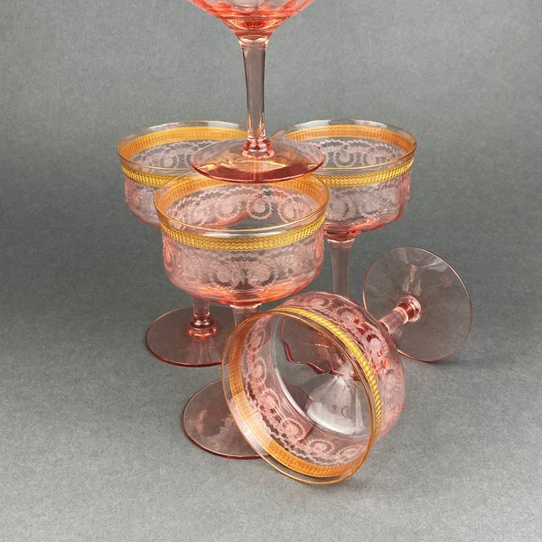 Champagne Glasses Vintage Pink Crystal Stemware. Morgana Pink by Morgantown, Etched Necklace Pink Gold Pattern. Set of 5.