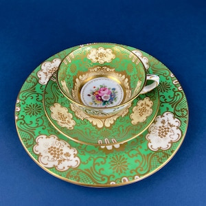 Vintage Tea Cup or Coffee Serving Trio by Staffordshire. Teacup, Saucer, Plate. Amazing Old Porcelain Set Made in England. Green Gold Pink.