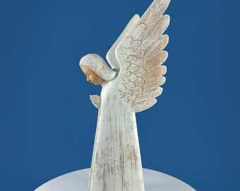 Large Hand Carved Wooden Praying Angel Statue, Candle Holder