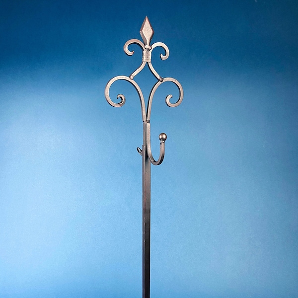 Adjustable Wreath Stand with Heavy Wrought Ornate Iron Base and Fleur de Lis Finial. Metal display stand with a hook.