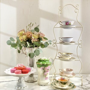 Tea Cup Display Stand. Vintage Design 4 Tier Metal Display Rack. Store, Cafe or home decor. Tea party decoration.