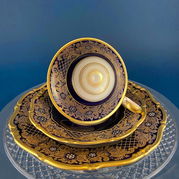 Antique Cup and Saucer Trio. Cobalt Blue Cup, Saucer & Dessert Plate with Gold, Handpainted, Floral Motifs. Weimar Kobalt Dora, Germany.