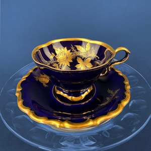 Antique Cup and Saucer. Lindner Porcelain Made in Germany. Cobalt Blue Tea Set with Orange Floral Motif. Fine Dining. Collectibles.