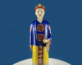 Large Vintage Chinese Figure of Qing Scholar of Calligraphy. Republic Period Crackle Glazed Ceramic Statuette. Asian Home Decor.