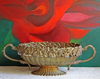 18" Vintage Brass Footed Oval Bowl Andrea by Sadek. Large Bowl Ornate Foot Rim and Handles.