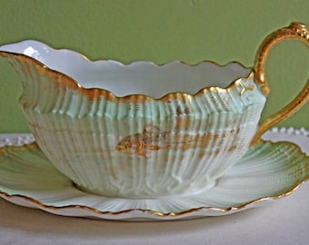 Redon Limoges  Porcelain Gravy Boat with Handle and Attached Plate. Rare Shell Shape Serving Sauce Dish with Hand Painted Fish.  MR Limoges.