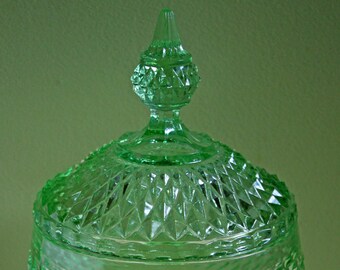 Covered Candy Bowl or Trinket Box.  Depression Pressed Glass Footed Bowl with Lid.  Footed Bowl with Princess Pattern.  Gift for Her.