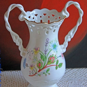 Antique Aynsley Vase with Handles. Hand Painted Reticulated Vase with Floral Decor.