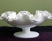 Milk Glass Footed Bowl with Silver Crest Ruffled Edge Design. Collectible Milk Glass by Fenton.