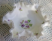 Fenton Milk Glass Bowl. Bowl with Silvercrest Ruffled and Scalloped Rim and Hand Painted Violets.