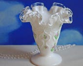 Fenton Milk Glass Vase. Cone Vase with Silvercrest Ruffled and Scalloped Rim and Hand Painted Violets.
