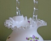 Fenton Milk Glass Basket. Basket with Silvercrest Ruffled and Scalloped Rim and Hand Painted Violets.