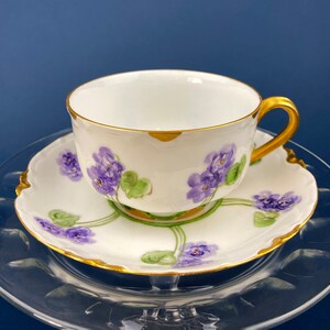 Antique Tea Cup and Saucer with Violets. Hand-Painted Porcelain by Haviland, France. Violet Clusters Motif. Highly Collectible.