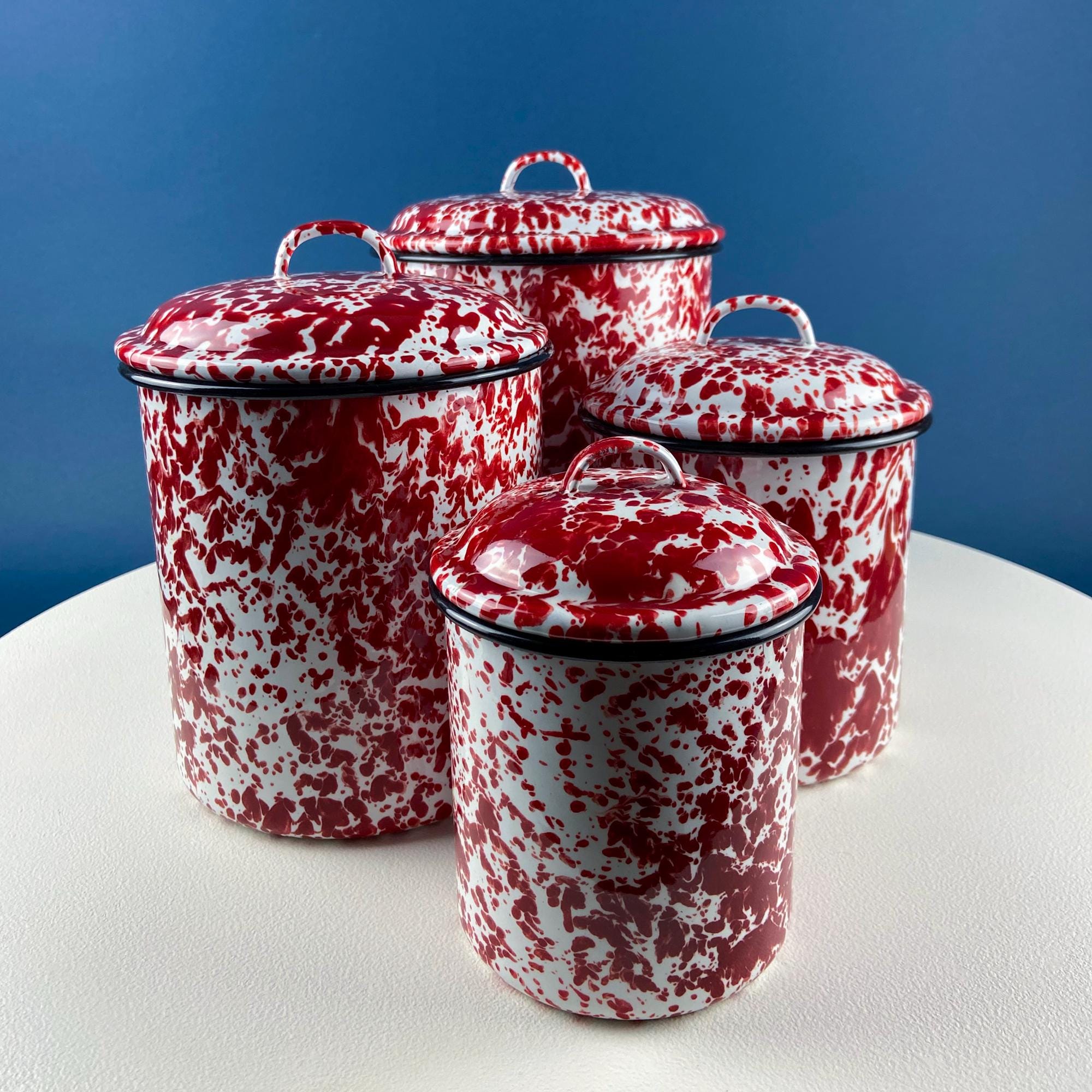Stackable Red & White Marbled Fine Enamelware Canisters. Set of 4 Stackable Red & White Marbled Fine Enamelware Canisters. Set of 4