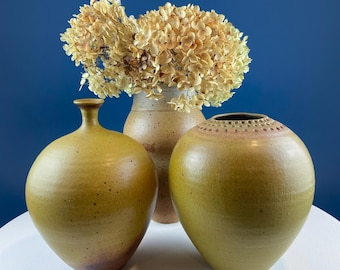 Vintage Handmade Ochre Stoneware Vases. Set of 3. Studio Pottery. Florist Supplies. Rustic Southwestern Home Decor.