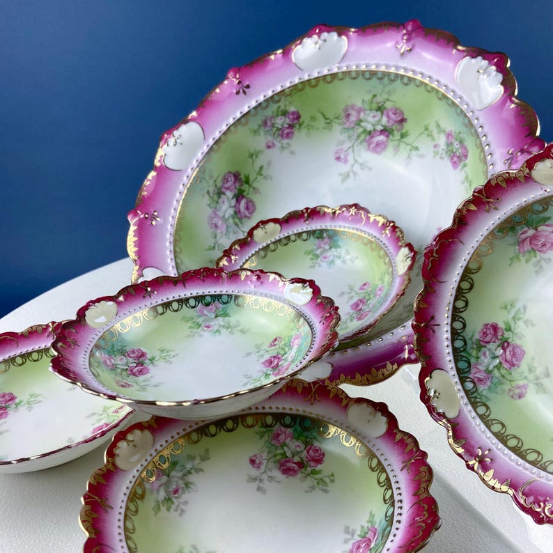 Antique Austrian Hand Painted Serving Bowl Set: Roses, Leaves, Scalloped Edge image 8