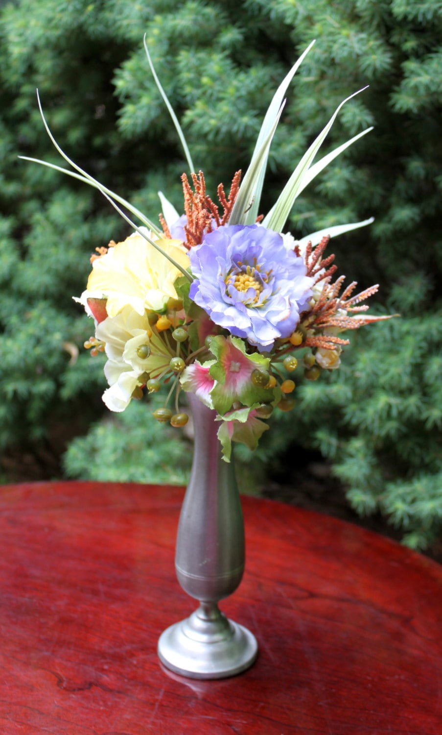 Small Silk Flower Arrangement in a Vintage Pewter Vase. Home Etsy