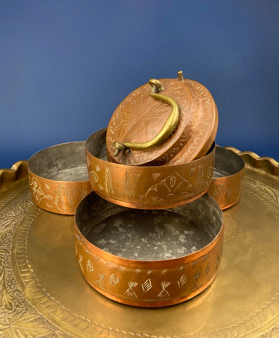 置物 Vintage Copper Bowl with 24K Gold Lining Antique 19th-century Copper and Brass Turkish 4 Stacking Bowls
