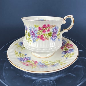 Vintage Tea Cup and Saucer. Queen&#39;s Fine Bone China. Hand Painted Corn Flowers. Wild Flowers Pattern. Rosina China Co Ltd. Made in England.