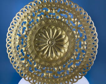 Round Brass Vintage Tray Table Top Wall Art. Large Reticulated Lacey Ornate Hand Pounded Platter. Ethnic Home Decor.