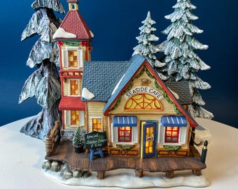 Seaside Cafe. Lighted Christmas Village House by O'Well. Limited Edition. Holiday Seasonal Decor. Night Light. Kids Store or Cafe Display.