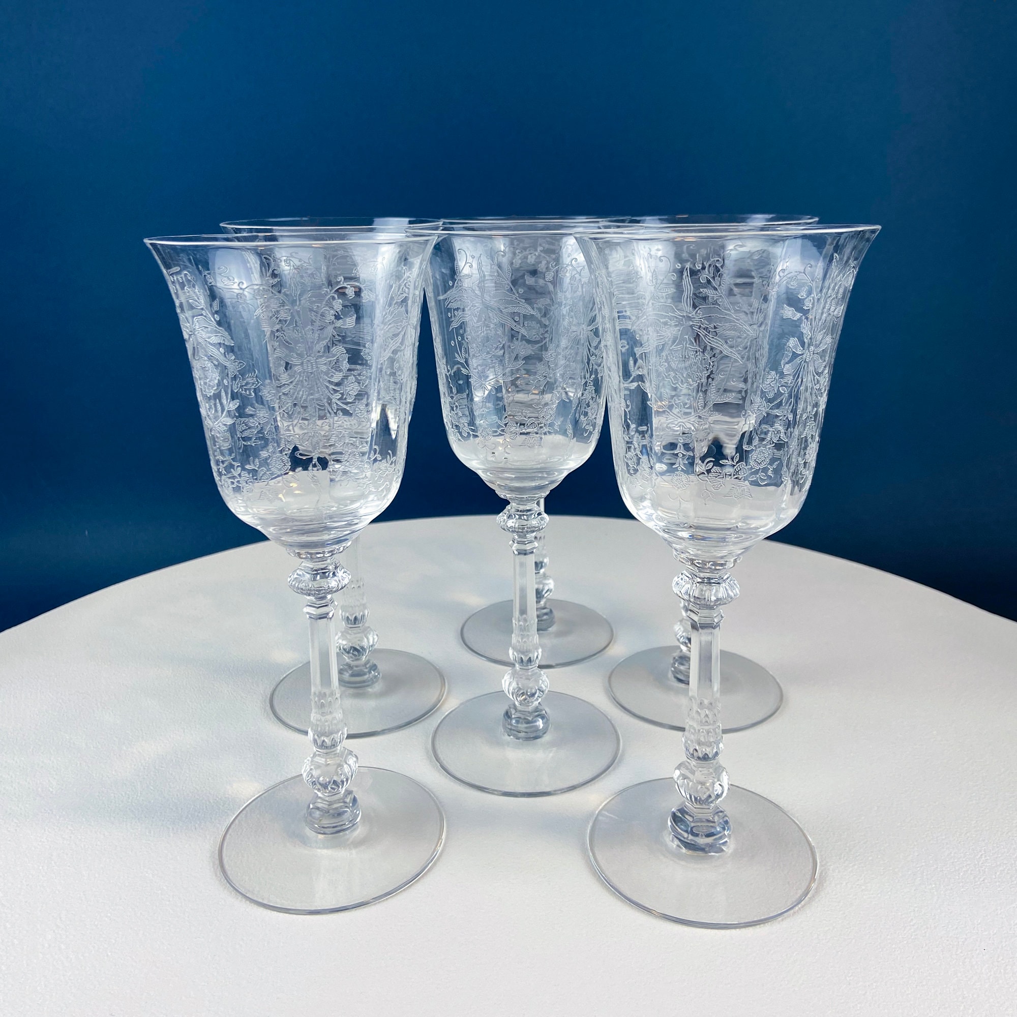 ヘイシー社　Heisey Orchid オーキッド　ボウルとグラス　エレガント Heisey Wine Goblets. Set of 7 Orchid Pattern Etched Crystal