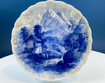 Fine English Flow Blue and White Tableware Plate. Alpine Scene.  "Mountain Peaks And Cabin" J & G Meakin.