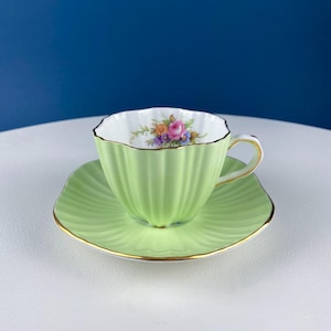 Vintage Mint Green Foley Tea/Coffee Cup & Saucer. Floral Motif. Fine Bone China Made in England. Elegant Fluting. Gift for Tea Lovers.